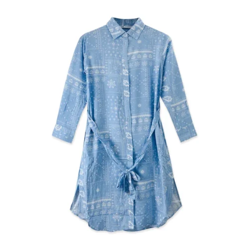 Olivs Elegant Abstract Print Dress – Blue & White Midi with Belt