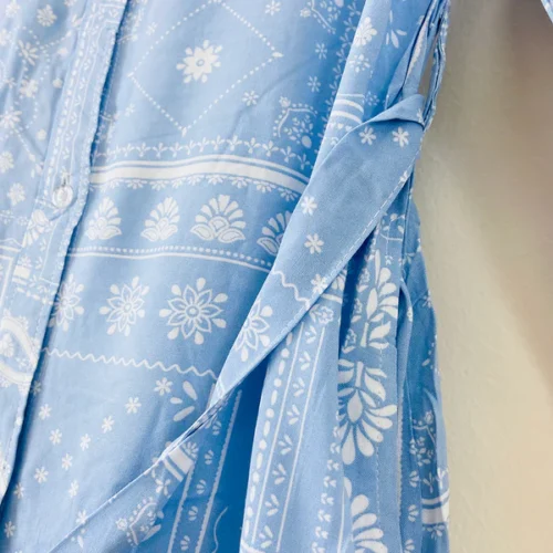 Olivs Elegant Abstract Print Dress – Blue & White Midi with Belt - Image 6