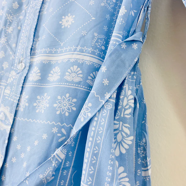 Olivs Elegant Abstract Print Dress – Blue & White Midi with Belt - Image 6