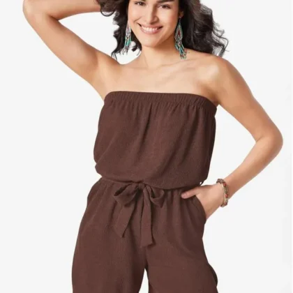 Olivs Women Off-Shoulder Drawstring Waist Lightweight Crinkle Culotte Tube Top