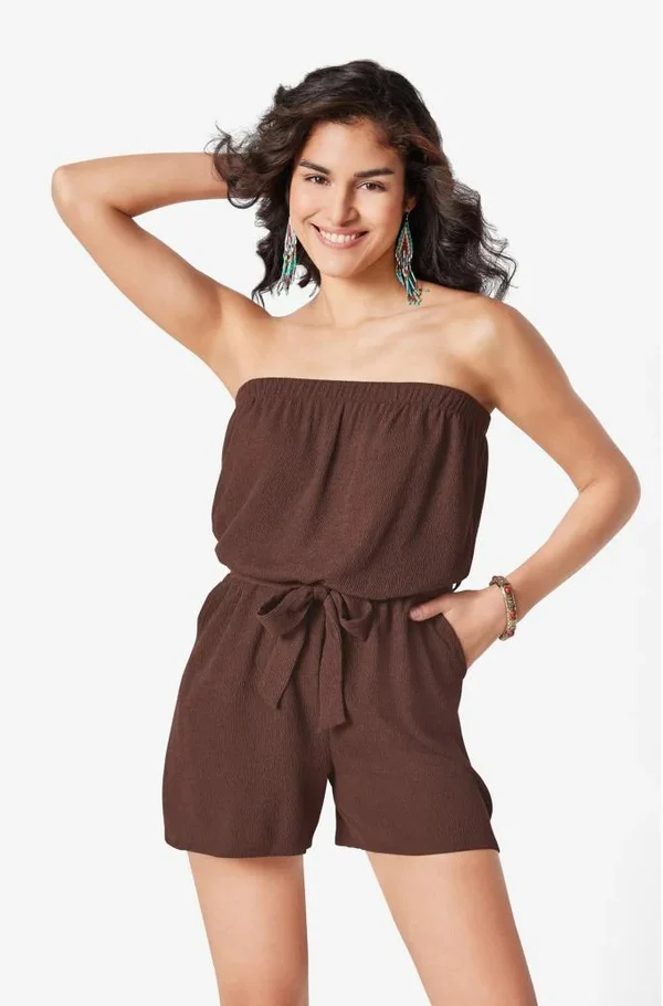 Olivs Women Off-Shoulder Drawstring Waist Lightweight Crinkle Culotte Tube Top