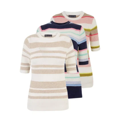 Olvis Ladies Short Sleeve Ribbed Crew Neck Knitted Stripe Sweater