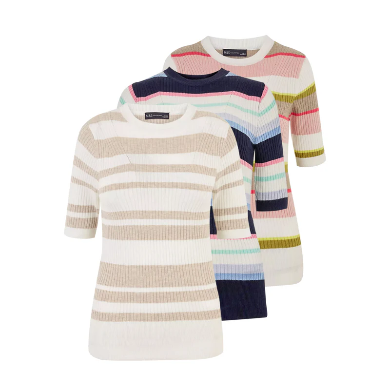 Olvis Ladies Short Sleeve Ribbed Crew Neck Knitted Stripe Sweater