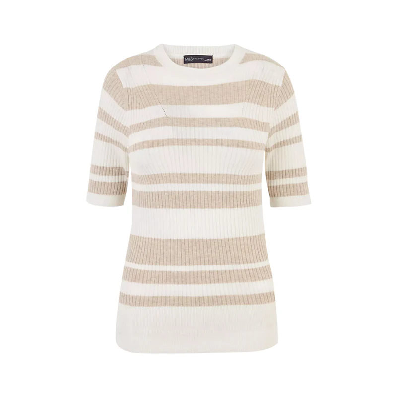 Olvis Ladies Short Sleeve Ribbed Crew Neck Knitted Stripe Sweater - Image 3