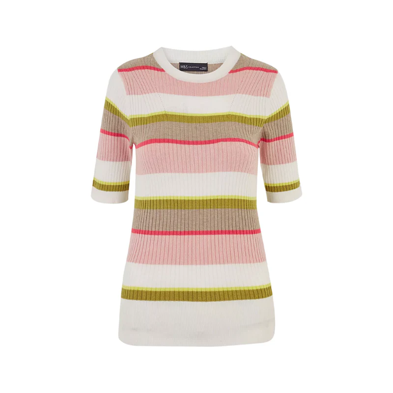 Olvis Ladies Short Sleeve Ribbed Crew Neck Knitted Stripe Sweater - Image 2